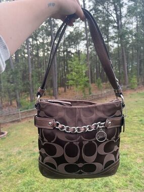 Coach Brown Signature Chain-Accent Shoulder Bag